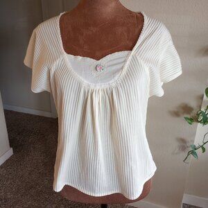 Vintage Cream Pleated Babydoll Blouse Lace Rosette Romantic Coquette Balletcore